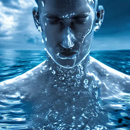 Image similar to water artwork manipulation in the shape of a human head, on the ocean water, ray tracing, realistic water sharp focus, long shot, 8 k resolution, cinematic, amazing water art, hyper - realistic