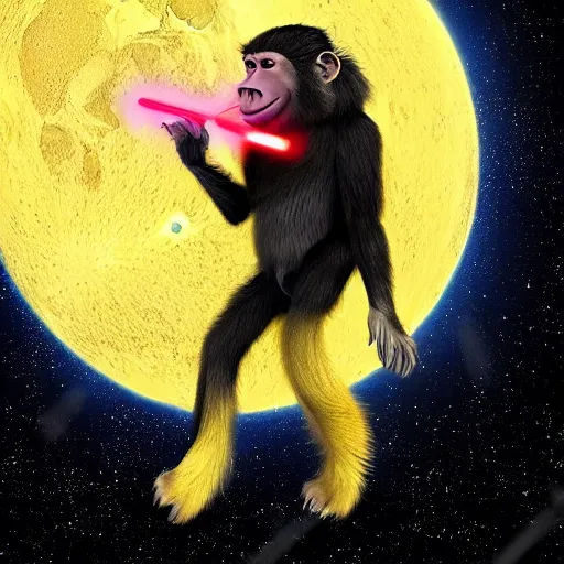 Prompt: a giant monkey eating a banana in the moon, space, night, realistic, fur, star wars style, neon, laser