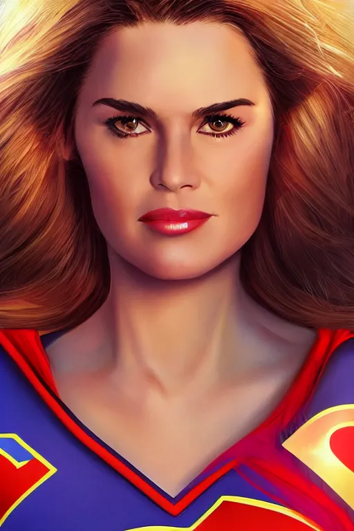 Prompt: portrait of a mix of beautiful young maria shriver, mariel hemmingway, brooke shields and elle macpherson as supergirl, thin lips, hair tied up in a pony tail, colorful artstation, cgsociety