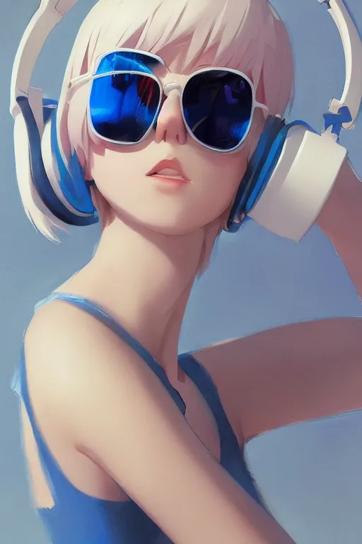 Image similar to a cute young woman listening to music with her eyes closed and wearing headphones in the style of Ilya Kuvshinov and Range Murata, white bob cut hair, blue filter, blue and white, vivid colors, soft lighting, cinematic, moody, oil on canvas by Krenz Cushart, 8k