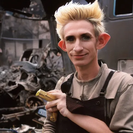 Image similar to close up headshot of a skinny high-fantasy elf with a long face narrow chin and spiky blonde hair wearing dark brown overalls and holding a bomb next to a destroyed car, high resolution film still