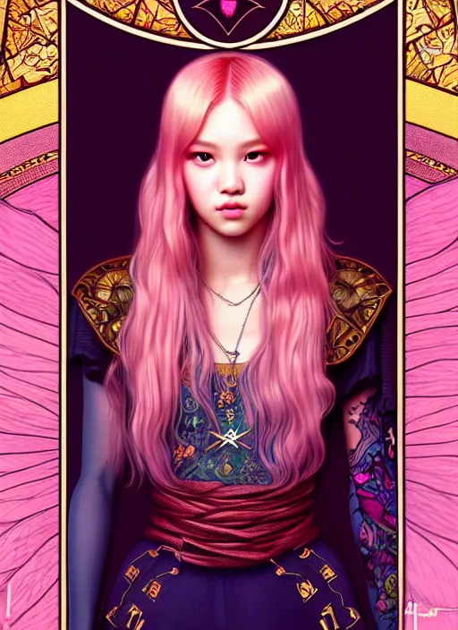 Image similar to jossi of blackpink, king, tarot card, highly detailed, digital painting, smooth, sharp focus, illustration, ultra realistic, unreal engine, 8 k, art by artgerm and alphonse mucha