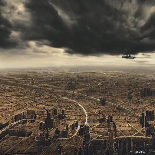 Image similar to steampunk city view from the sky, clouds, moody, cold, steampunk, realistic, high detail, 8 k photo, detail, clean, cinematic, fantasy, technology, engines, steam, steam machine, zeppelin,