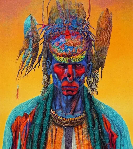 Image similar to Portrait painting in a style of Beksinski mixed with Alex Grey of an old shaman dressed in a colorful traditional clothes. Very psychodelic