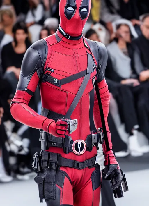 Image similar to hyperrealistic and heavy detailed balenciaga runway show of deadpool, leica sl 2 5 0 mm, vivid color, high quality, high textured, real life