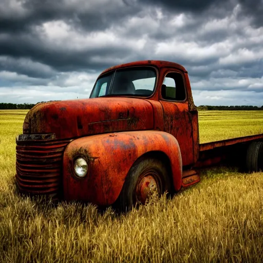 Image similar to Rusty truck, open field, 8k, photography