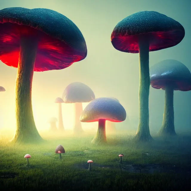 Image similar to a misty swamp with giant mushrooms, at night, beautiful lighting, mystical colors, octane, 4 k, trending on artstation