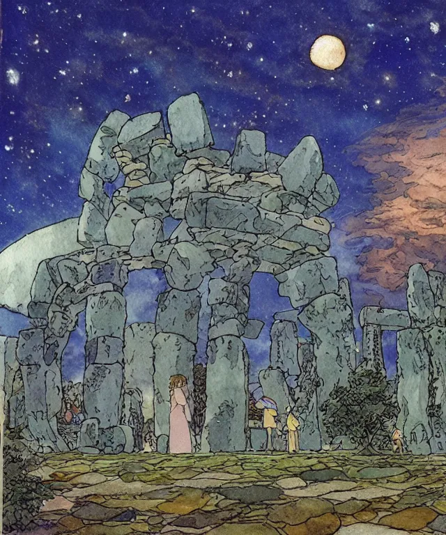 Image similar to a hyperrealist studio ghibli watercolor fantasy concept art. in the foreground is a giant grey octopus building and putting stones in to place on top of stonehenge with a starry sky. by rebecca guay, michael kaluta, charles vess