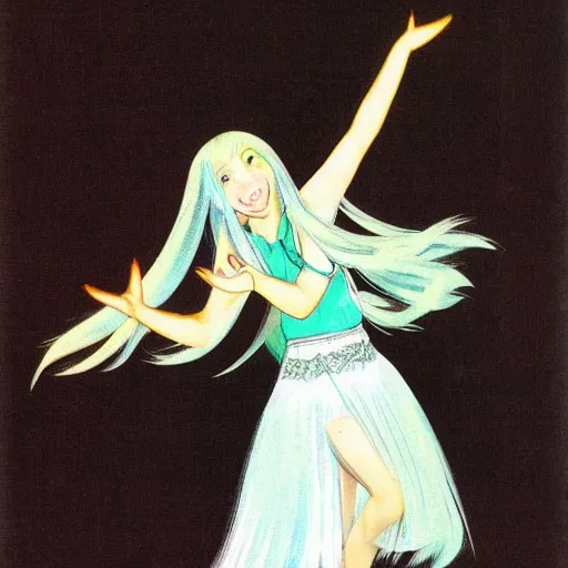 Image similar to A girl with long white hair is dancing, her hair is very flowing by yoneyama mai