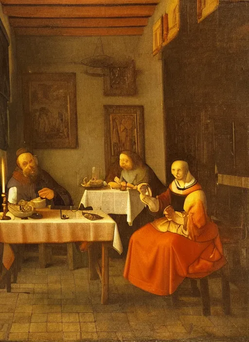 Image similar to a candlelit table at the inn, two people sitting at the table, swirling smoke, dark smoke, realistic, in the style of leonardo da vinci, dutch golden age, amsterdam, medieval painting by jan van eyck, johannes vermeer, florence