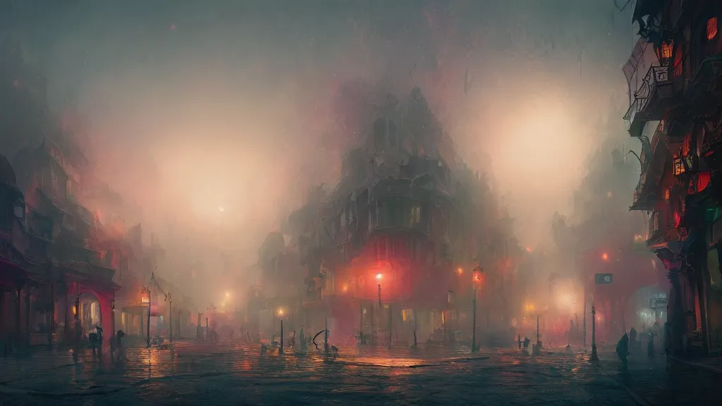 Prompt: A colorful magical town, surrounded by vibrant fog, volumetric light scattering, ultradetailed, weird animals playing, eerie, moody, by Greg Rutkowski, by Feng Zhu, arstation