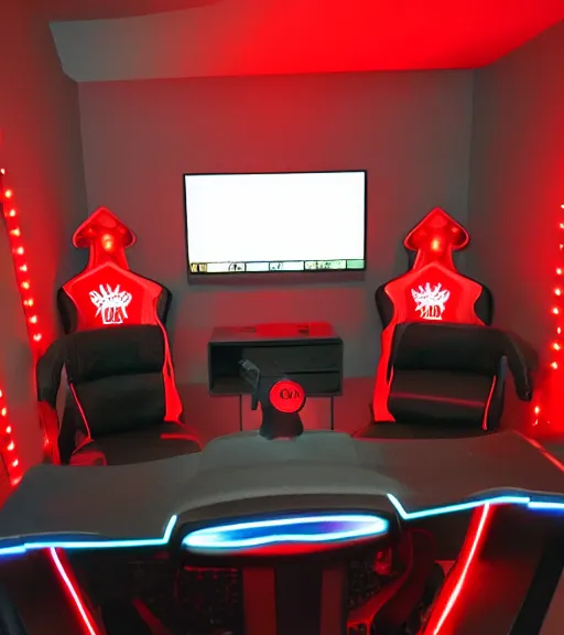 Prompt: gamer room with a person, red led lights, gamer chair