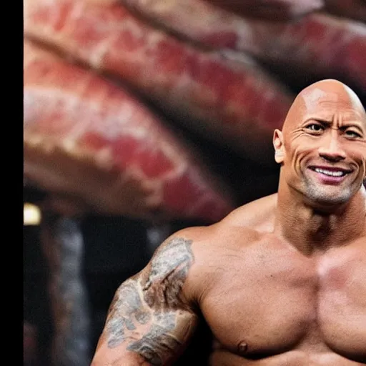 Image similar to Dwayne Johnson with a huge Jamon over his shoulder