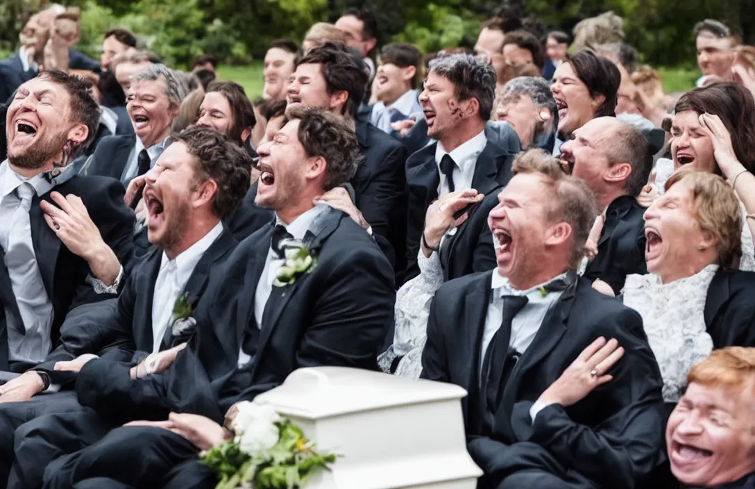 Prompt: a man laughing hysterically at a funeral while everyone looks at him