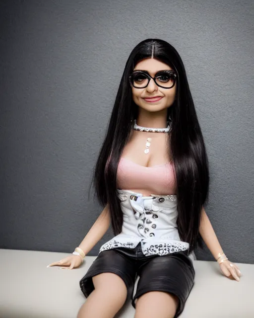 Prompt: high quality presentation photo of a cute Mia khalifa in leather outfit porcelain doll in the style of mark ryden photography 4k, f1.8 anamorphic, bokeh, 4k, Canon, Nikon
