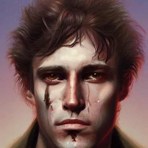 Image similar to a head - on portrait of a 2 0 - something man, brown messy hair, by wayne barlowe and charlie bowater