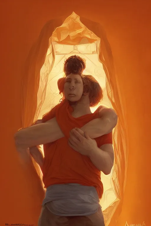 Image similar to portrait of tinfoil hat man in orange t - shirt hugging from behind his wife in a bed, feelings, romantic, fantasy, intricate, elegant, highly detailed, digital painting, artstation, concept art, smooth, sharp focus, illustration, art by artgerm and greg rutkowski and alphonse mucha