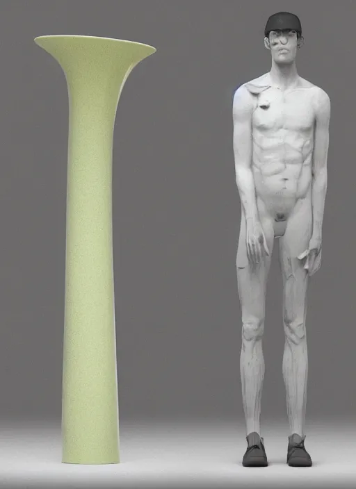 Image similar to a sculpture of a man standing next to a tall vase, a raytraced image by Hikari Shimoda, polycount, video art, vray tracing, ray tracing, rendered in unreal engine