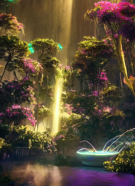 Image similar to beauteous sumptuous, with incredible iridescent pearlescent voluminous fluorescent neon indirect soft glow cinematic lighting, fountain of youth, secret garden, crystalline masterpiece incrustations, hyperdetailed features, movie still, intricate, octane render, cinematic forest lighting, unreal engine, crepuscular rays, god rays