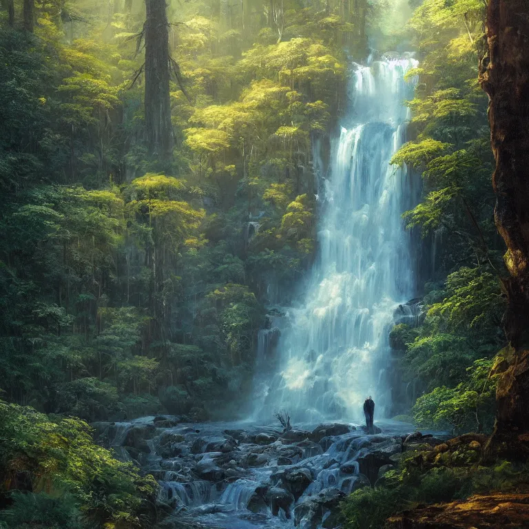 Image similar to A beautiful oil painting of a very tall waterfall on a very rocky cliff, in the middle of a huge forest of trees with bright blue glowing leaves, by Greg Rutkowski