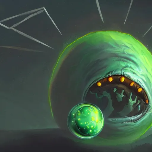 Image similar to a giant one - eyed bumpy wrinkly ball sphere green pea, with boney arms and a single sauron eye, lovecraft, trending on artstation, 4 k, video game art, oil painting