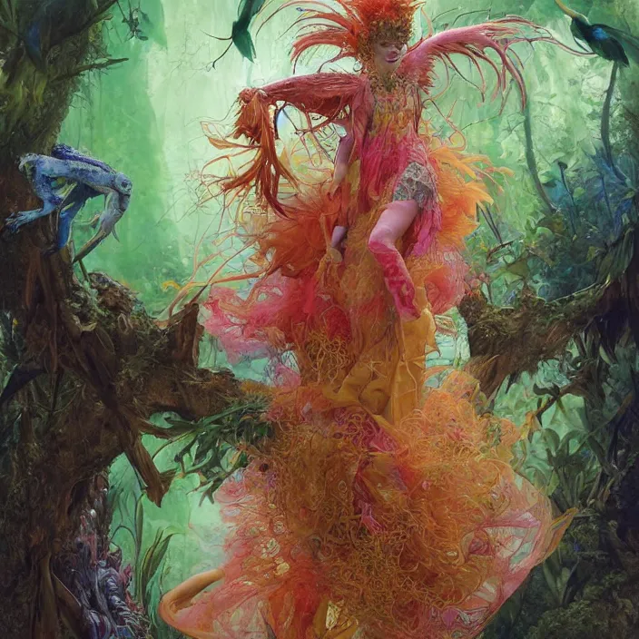 Prompt: a fashion editorial of sadie sink as a brightly colored eagle amphibian hybrid with wet translucent mutated skin. wearing a mutated organic dress. by tom bagshaw, donato giancola, hans holbein, walton ford, gaston bussiere, peter mohrbacher, brian froud and iris van herpen. 8 k, cgsociety