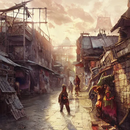 Image similar to slum neighborhood in lord of the ring world, fantasy, on artgerm, ilya yefimovich repin style, hyperrealistic content, high definition content, intricate, delete duplicate content, justify content center, ultra detailed content, 5 dark tone colors