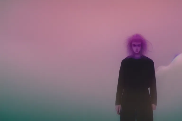 Image similar to high quality pastel coloured film photograph of a model wearing black clothing walking on clouds in a haze filled dreamstate world. three point light. photographic production. art directed. pastel colours. volumetric clouds. pastel gradient overlay. waves glitch artefacts. 8 k. filmic.