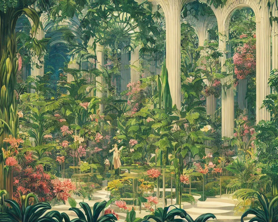 Prompt: an achingly beautiful print of the interior of a glass-walled Art Deco botanic garden, featuring flowing sculptured fountains, blooming tropical flowers, and classical antiquities by Raphael, Hopper, and Rene Magritte. detailed, romantic, enchanting, trending on artstation.