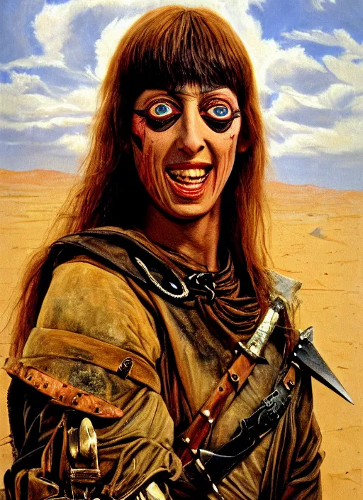 Prompt: portrait of a young 1 9 8 0 s shelley duvall as a threatening evil warlord character grinning in mad max 2 : the road warrior, film still, detailed realistic face in painting, detailed beautiful portrait, oil painting masterpiece, 8 k resolution, smooth, sharp focus, trending on artstation, by rembrandt