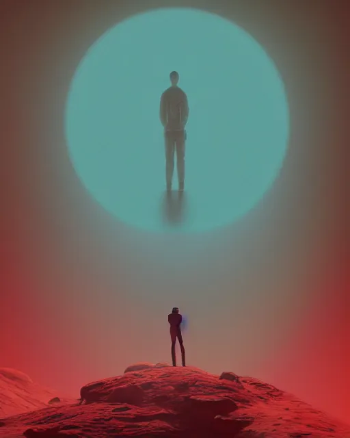 Image similar to a person standing in front of a glowy open door that's on a barren moon, poster art by mike winkelmann, trending on cg society, space art, sci - fi, ue 5, futuristic, volumetric lighting, light casting onto the ground, neat composition and camera angle