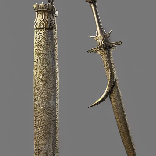 Image similar to a 3d model of a long sword in the center, with dragon like handle