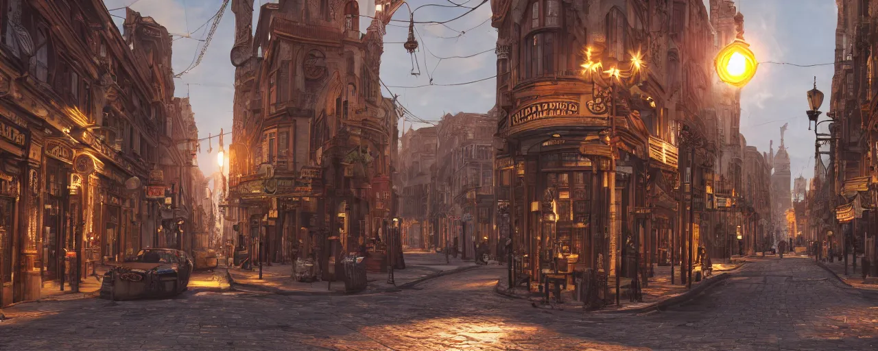 Image similar to photorealistic steampunk city streets. daylight. sunlight. lens flare. light fixtures. 8K. detailed. photorealistic, trending on Artstation. 25mm f/1.7 ASPH Lens. ultra realistic