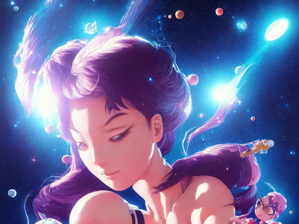 Image similar to bubbly space girl flying to the saturn with her animal compaions, occlusion shadow, specular reflection, rim light, unreal engine, artgerm, artstation, art by hiroaki samura and ilya kuvshinov and ossdraws, high quality, intricate detailed 8 k, fantasy illustration, extremely beautiful and aesthetic shape of face and body, movie poster