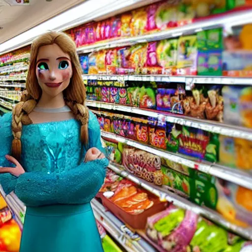 Prompt: anna from frozen shopping in a supermarket