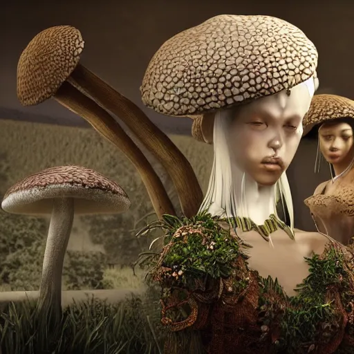 Image similar to mushroom goddess with extremely elegant headdress with group of elders in a ceremony for plant medicine, beautiful, marvelous designer, cloth physics, mocap, hiroya oku, yoshitaka amano, alex grey, black and white, beautiful lighting, cinematic still, perfect render, 3 d render, unreal engine, 8 k