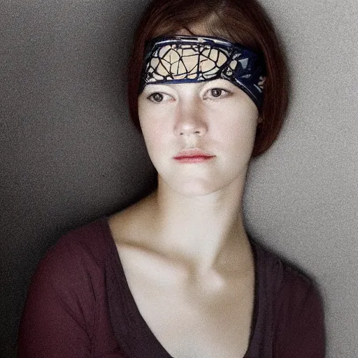 Image similar to a masterpiece portrait photo of a blindfold beautiful young woman who looks like elizabeth winstead, symmetrical face