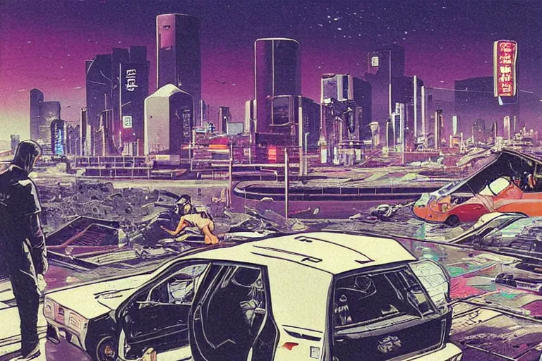 Image similar to a van has crashed and rolled over. tokyo can be seen in the far off distance. art in the style of vincent di fate's cyberpunk 2 0 2 0.