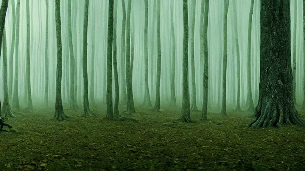 Prompt: can't see the forest through the trees, film still from the movie directed by denis villeneuve and david cronenberg with art direction by zdzisław beksinski and dr. seuss
