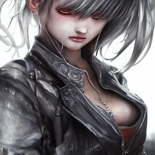 Prompt: dynamic composition, motion, ultra-detailed, incredibly detailed, a lot of details, amazing fine details and brush strokes, colorful and grayish palette, smooth, HD semirealistic anime CG concept art digital painting, watercolor oil painting of Clean and detailed post-cyberpunk sci-fi close-up evil powerful cyborg angel girl wearing leather jacket, skirt and pantyhose, in asian city in style of cytus and deemo, blue flame, relaxing, calm and mysterious vibes,, by a Chinese artist at ArtStation, by Huang Guangjian, Fenghua Zhong, Ruan Jia, Xin Jin and Wei Chang. Realistic artwork of a Chinese videogame, gradients, gentle an harmonic grayish colors. set in half-life 2, Matrix, GITS, Blade Runner, Neotokyo Source, Syndicate(2012), dynamic composition, beautiful with eerie vibes, very inspirational, very stylish, with gradients, surrealistic, dystopia, postapocalyptic vibes, depth of field, mist, rich cinematic atmosphere, perfect digital art, mystical journey in strange world