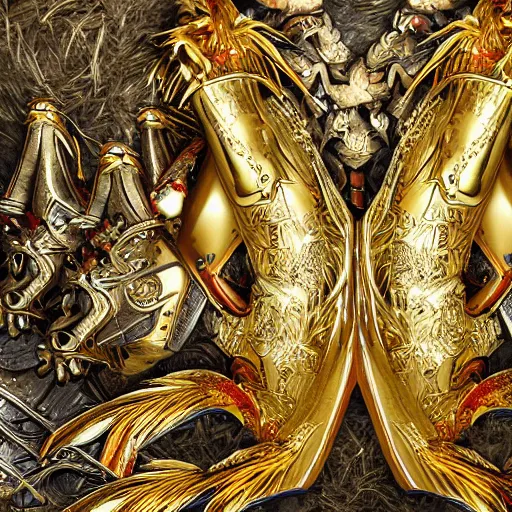 Prompt: fantasy art 4 k photo of roosters in very detailed shiny plate armor engraved in gold ready for battle