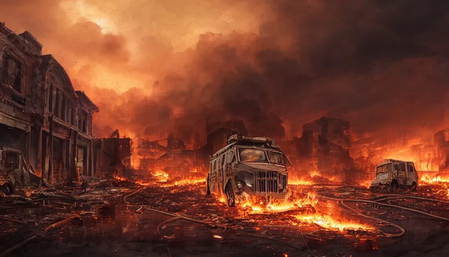 Prompt: A detailed render of a post apocalyptic scene of Fire and explosions on the 3rd precinct, burned down city buses on fire, sci-fi concept art, lots of fire, panic, dark, clouds, 8k, high detail, advanced rendering whimsically designed art, 4k post-processing highly detailed, Soft illumination