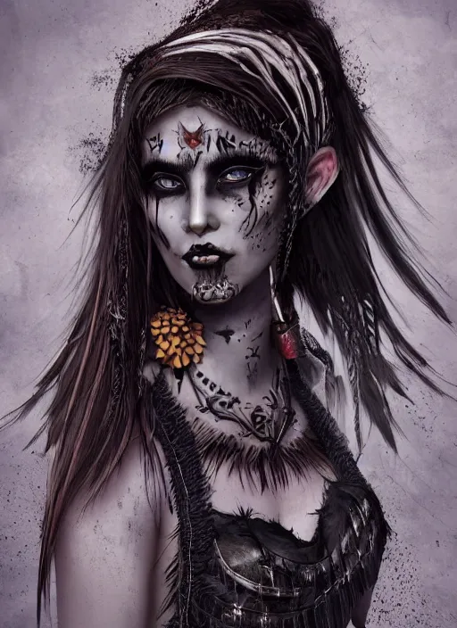 Prompt: digital art of a young woman in dark shamanistic ritual clothing accented by black feathers, dark ravenlike makeup on her face, post apocalyptic, dystopian, high resolution, highly detailed, fallout, raider, 4 k, artstation, dark lighting