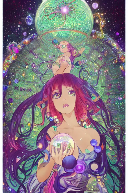 Image similar to psychedelic, acid trip, intricate, highly detailed, anime, 4k, beautiful seductive slime girl holding a huge orb containing the universe, with professional makeup, long trippy hair, surrounded by gems, underneath the stars, trending on patreon, deviantart, twitter, artstation, volumetric lighting, heavy contrast, by artgerm and Ilya Kuvshinov and alphonse mucha, interstellar galaxy