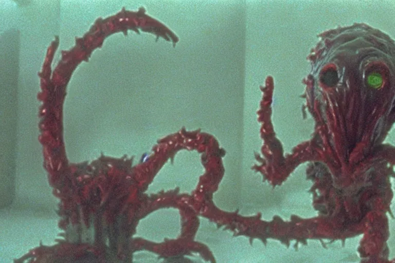 Image similar to scary filmic wide shot angle movie still 35mm film color photograph of a shape shifting horrific nightmarish abstract alien organism from The Thing 1982 spewing toxic liquid from an alien pirhana plant made out of flesh, in the style of a horror film