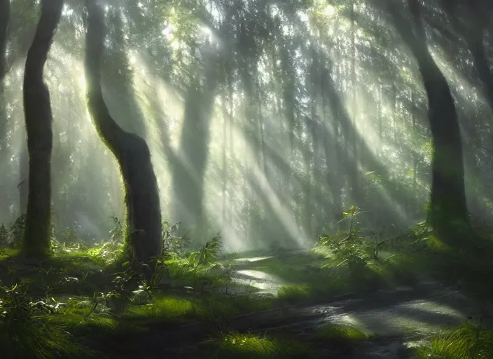 Image similar to a hyper-detailed oil painting of a fantasy forests with rays of light coming through the canopy; an extraordinary masterpiece!!!; flawless; photorealistic; trending on artstation; f/1.4; 90mm