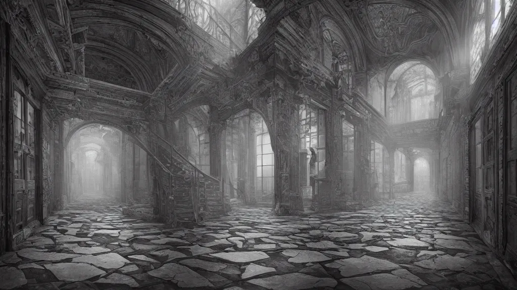 Prompt: a beautiful hyper realistic detailed matte painting of a a confusing place where the perspective is a broken concept and all the corridor and stairs will lead you to the same destination, dramatic lighting, dynamic lighting, cinematic lighting, dynamic lighting, cinematic lighting, lit by morning light, by maurits cornelis escher, black and white, featured on artstation, ultrawide angle