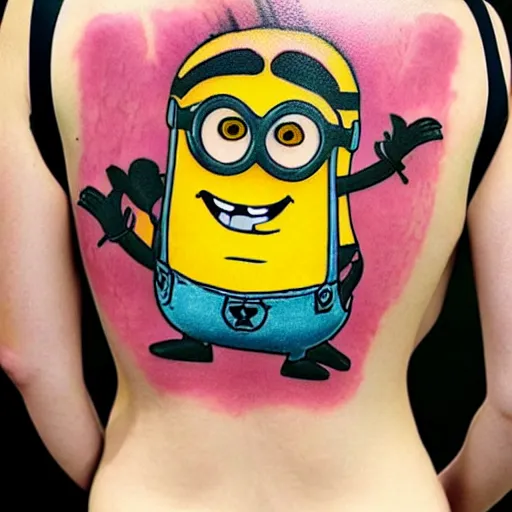 Image similar to tattoo of army of cute minions on female lower back, epic, colorful, beautiful, intricate detail