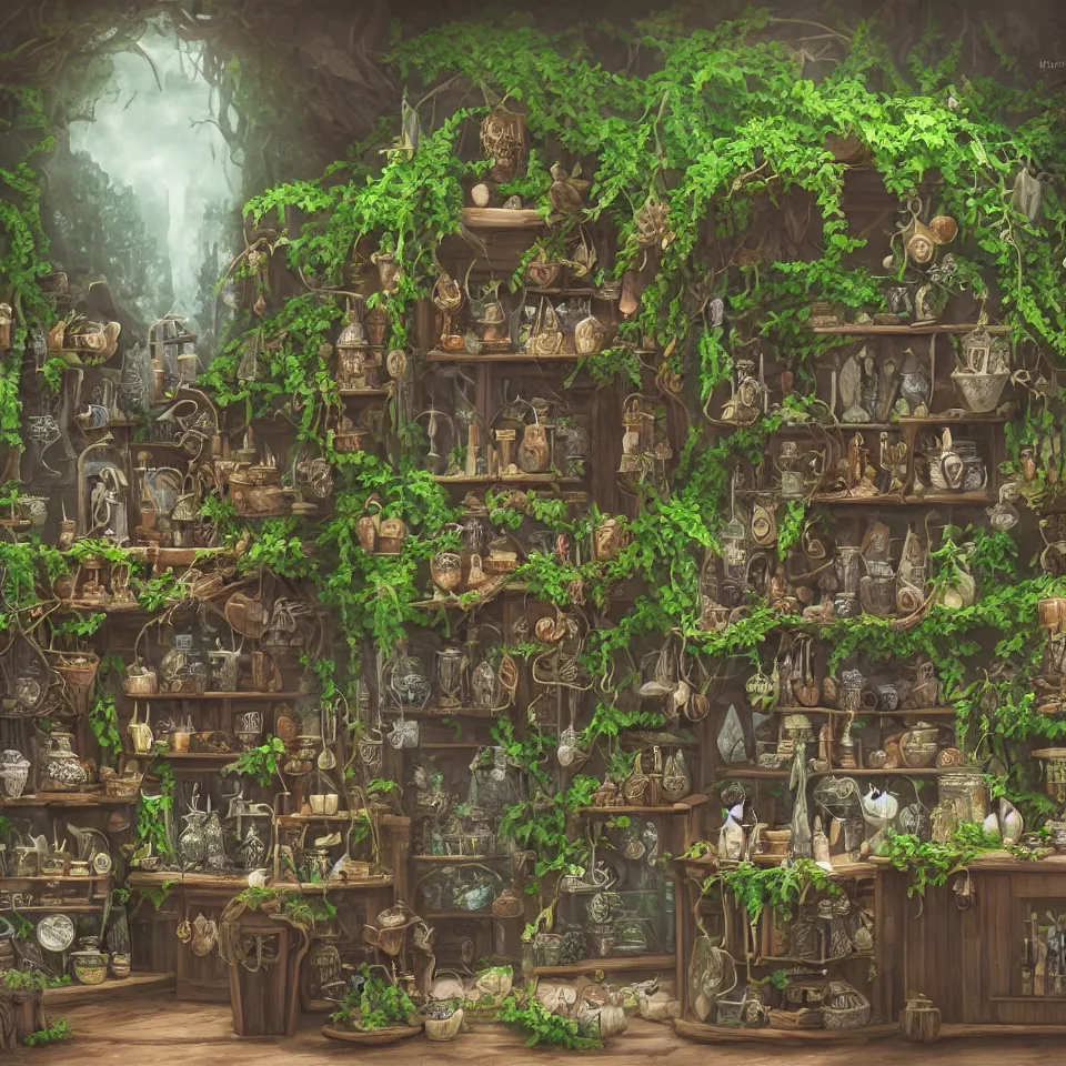 Prompt: small witch shop, counter, cauldrons, potions, visitor in a pointy hat, owls, ferns and vines, highly detailed, sharp focus, matte painting, by studio ghibli, by giovani magana,