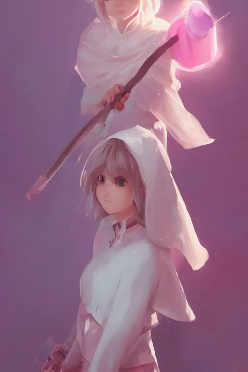 Image similar to portrait of a cute white mage girl with a staff in mage armor, soft, pink and blue, by atey ghailan and artgerm and and greg rutkowski, hyper realistic, trending on artstation